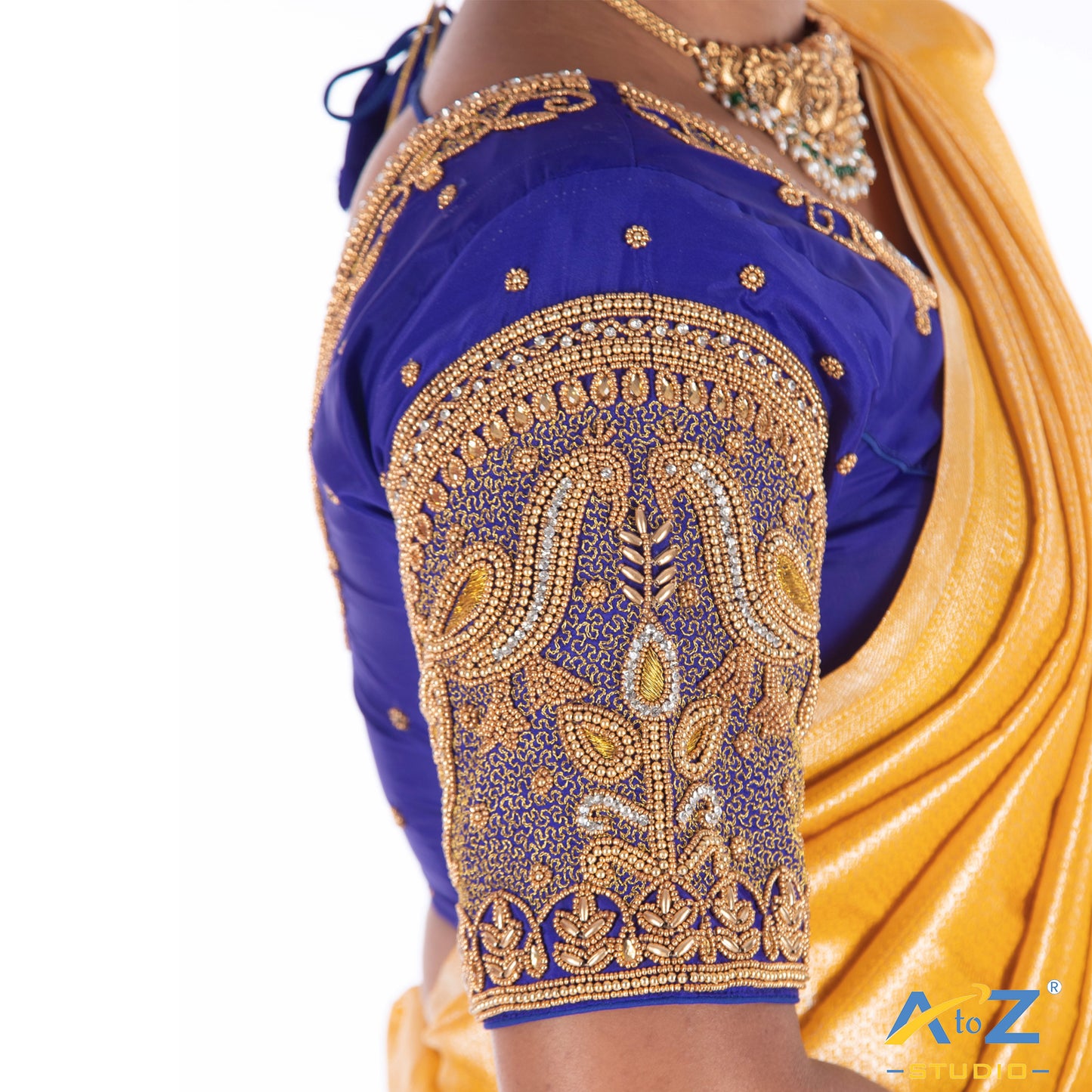 Royal Blue Silk Cloth Blouse with Leaf and 2 peacock at sleeves Design