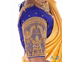 Royal Blue Silk Cloth Blouse with Leaf and 2 peacock at sleeves Design