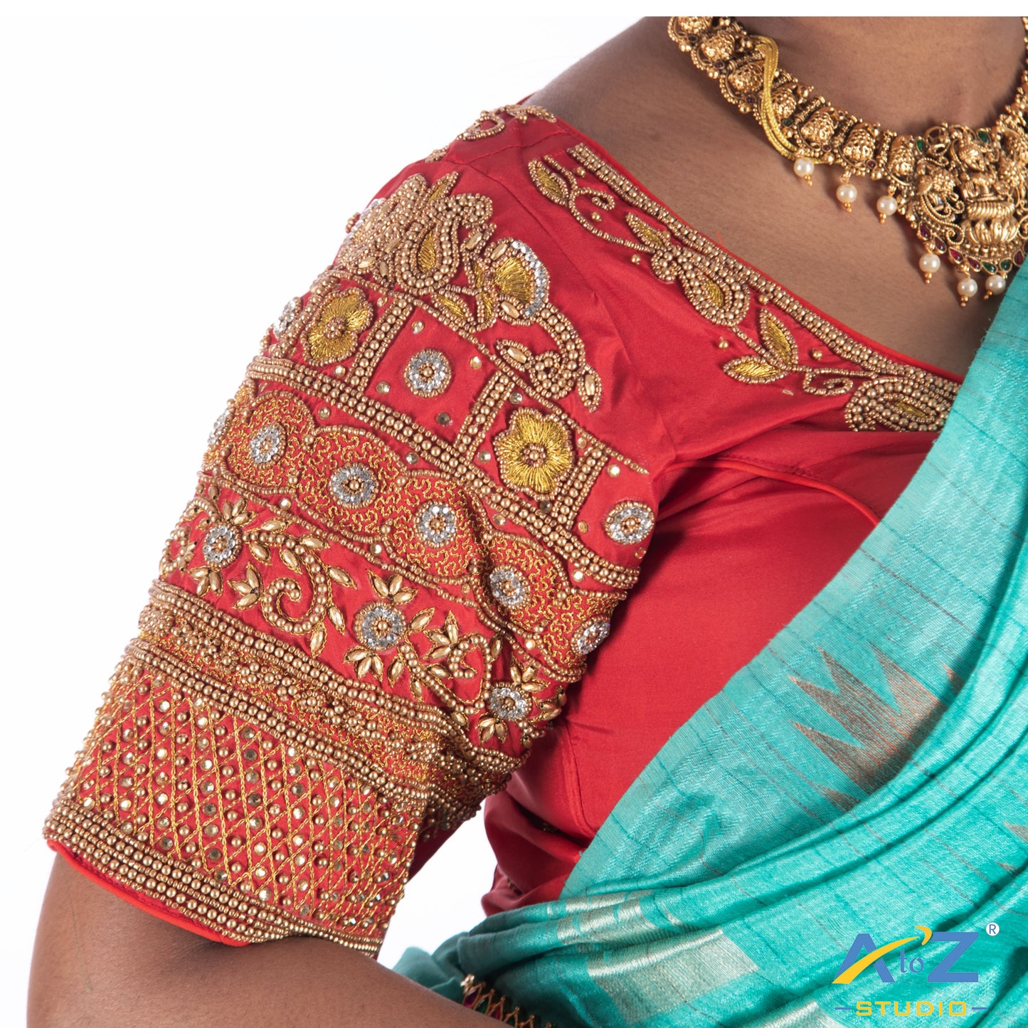 Red Silk Cloth Blouse with Flower and diamod work Design