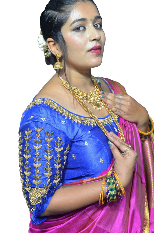 Designer Royal Blue Blouse with Leaf and Flower Sleeve Design and Aari Embroidered Back