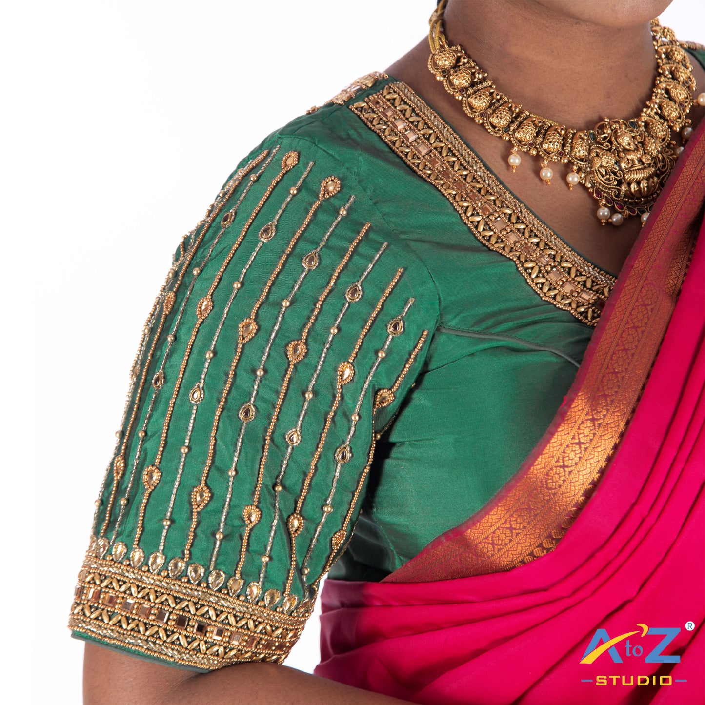 Chateav Green Silk Cloth Blouse with Chain and kundan and mirror design Design
