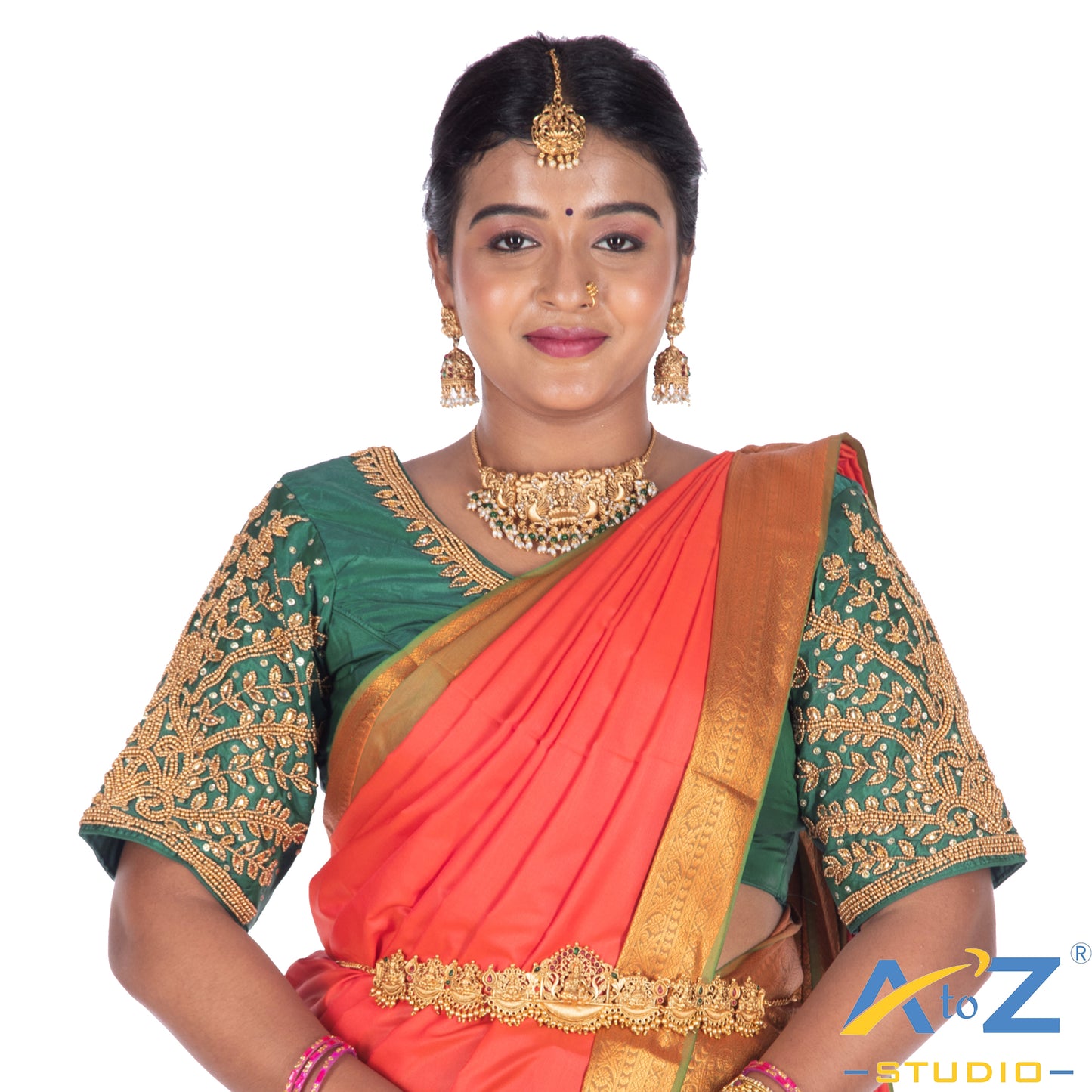 Rama Green Silk Cloth Blouse with Small leaf (like flower pot) and chain work Design