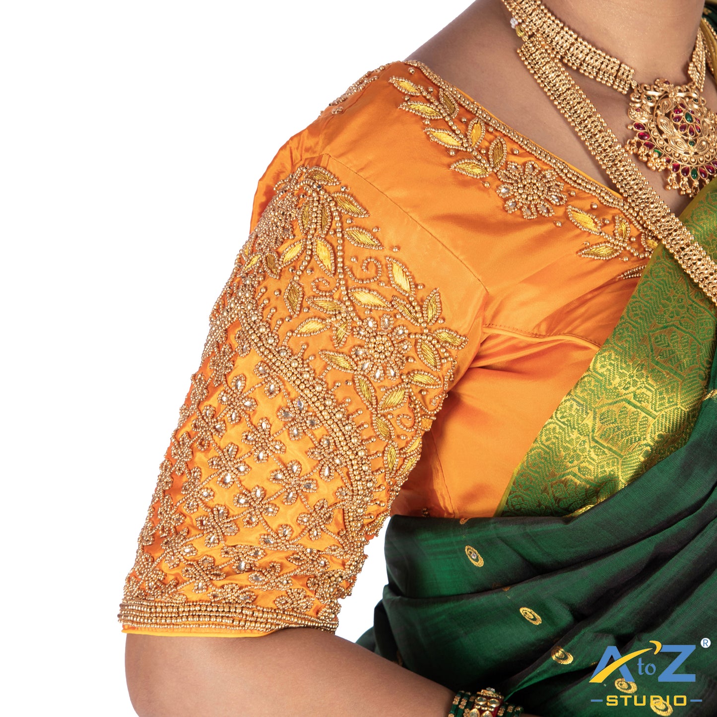 Orange Silk Cloth Blouse with Leaf and flower Design