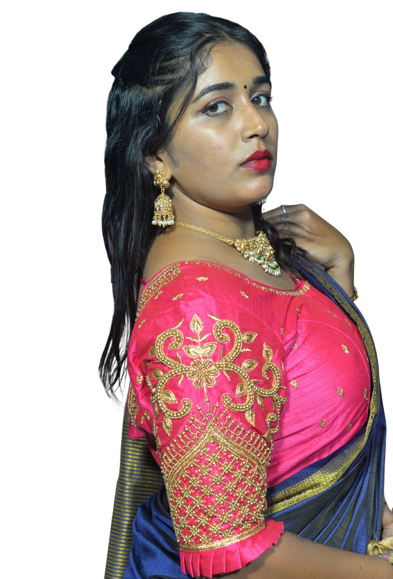 Magenta Blouse with Leaf Sleeves & Dual Embroidery