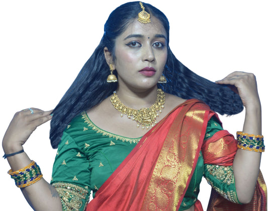 Designer Basil Green Blouse with Floral and Silver Moti Sleeves and Aari Embroidered Back