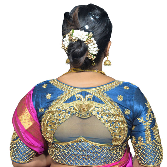 Peacock Morpankh Blouse with Shoulder Motifs & Criss-Cross Back