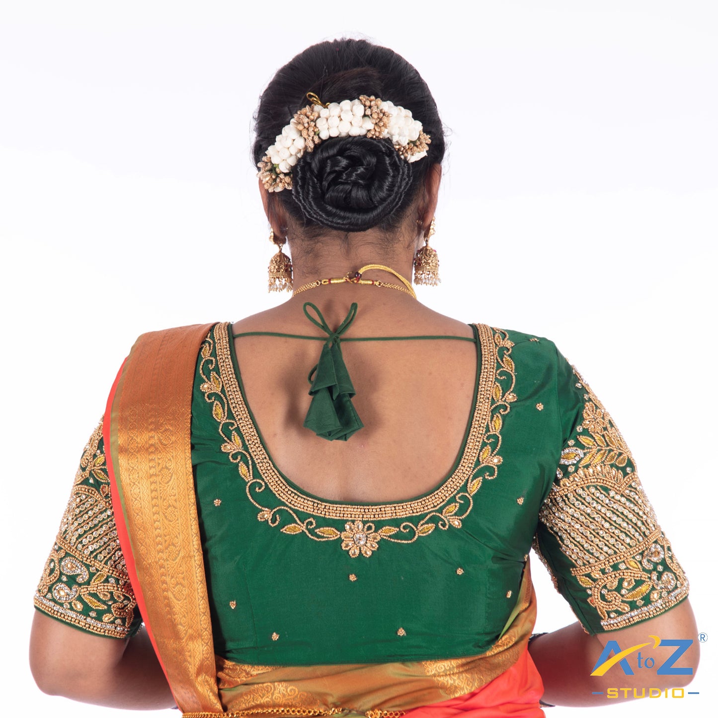 Dark Green Silk Cloth Blouse with Flower and Leaf with pearl and chain Design