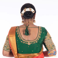 Dark Green Silk Cloth Blouse with Flower and Leaf with pearl and chain Design