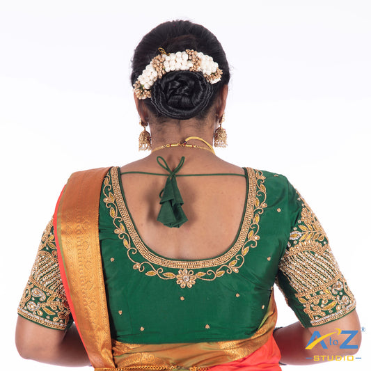 Dark Green Silk Cloth Blouse with Flower and Leaf with pearl and chain Design