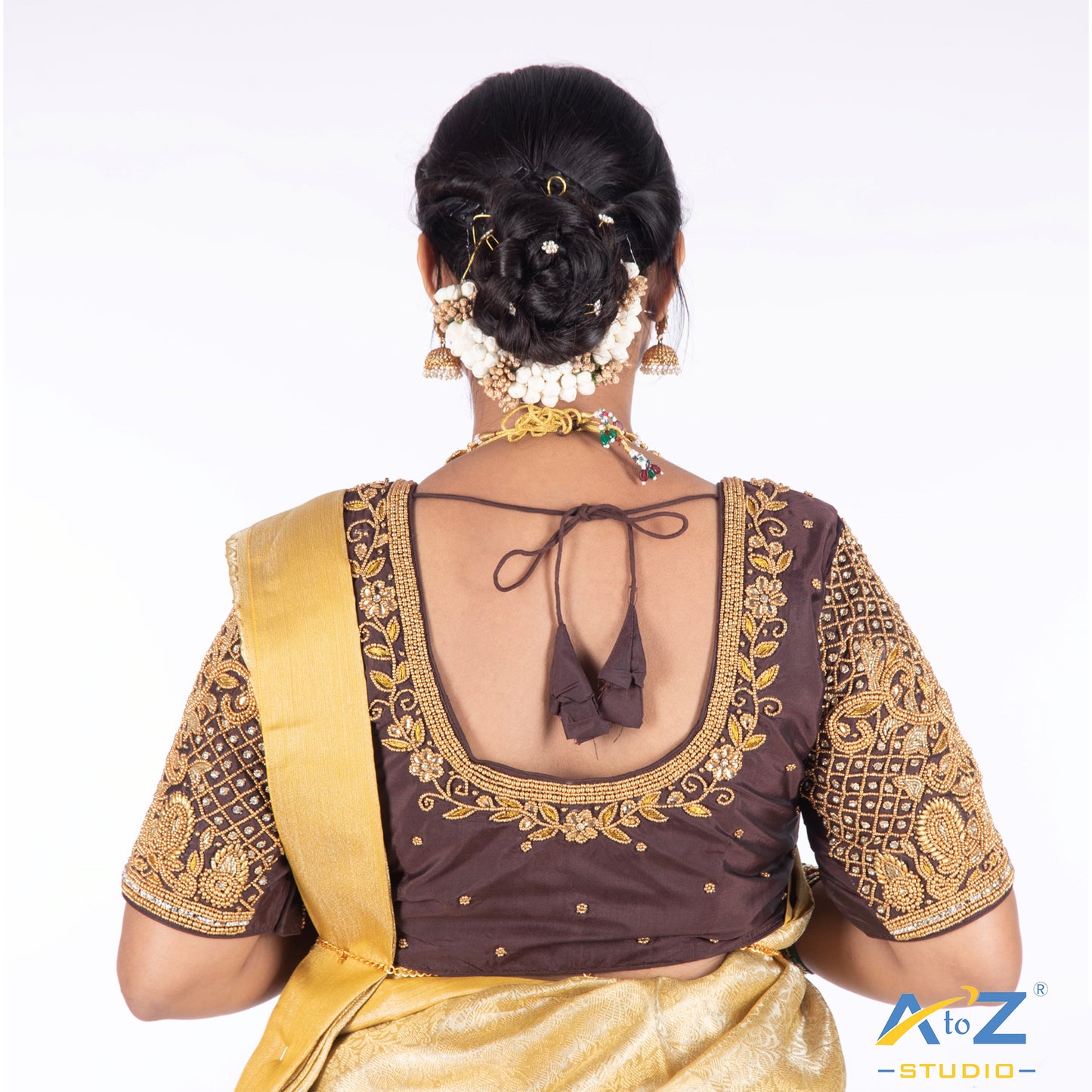 Dark brown Silk Cloth Blouse with Small Peacock and square chain Design