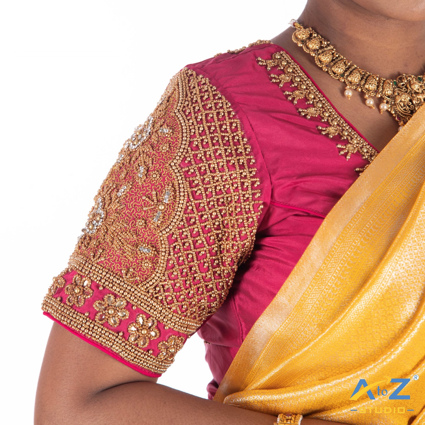 Deep Pink Silk Cloth Blouse with Flower with chain and kundan Design