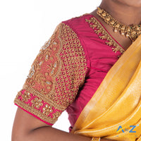 Deep Pink Silk Cloth Blouse with Flower with chain and kundan Design