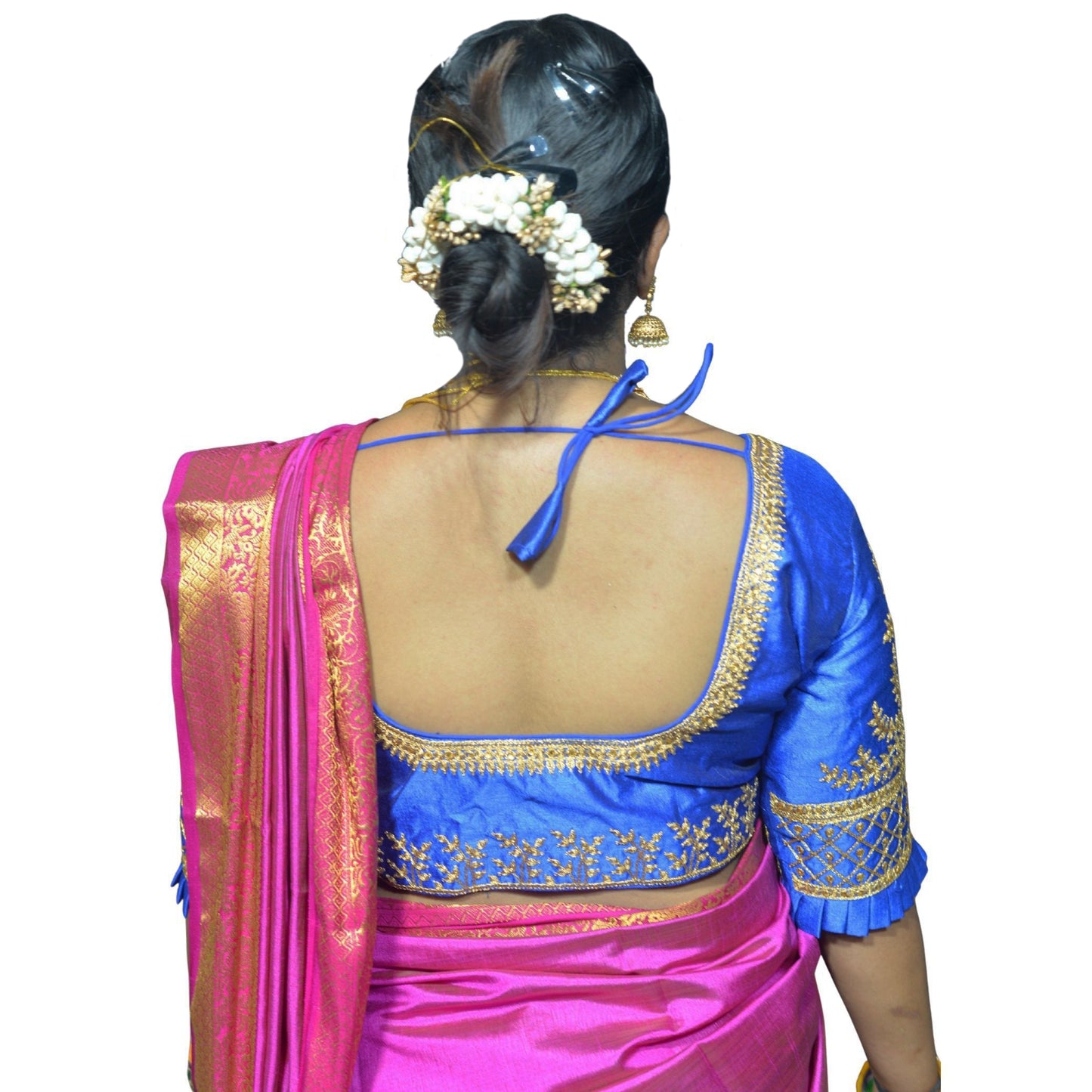 Designer Royal Blue Blouse with Cross Plus Pattern and Puff Sleeves