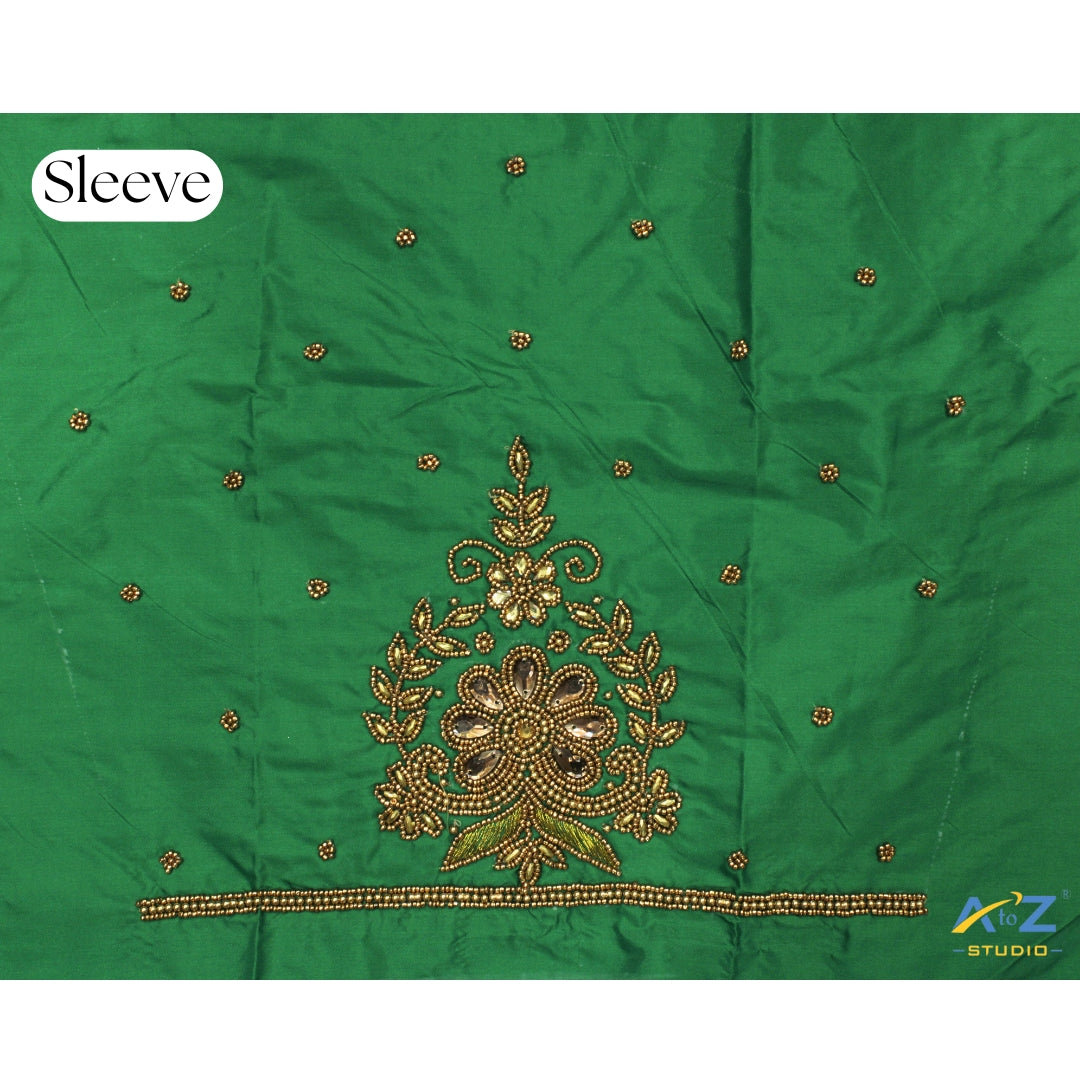 Leaf Green Silk Blouse Piece With Aari Work