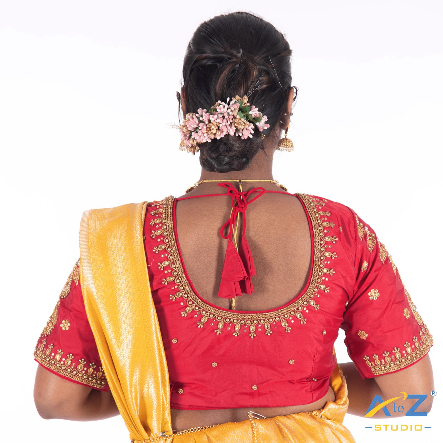 Punch Pink Silk Cloth Blouse with kundan mix and leand and flower Design