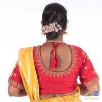 Punch Pink Silk Cloth Blouse with kundan mix and leand and flower Design