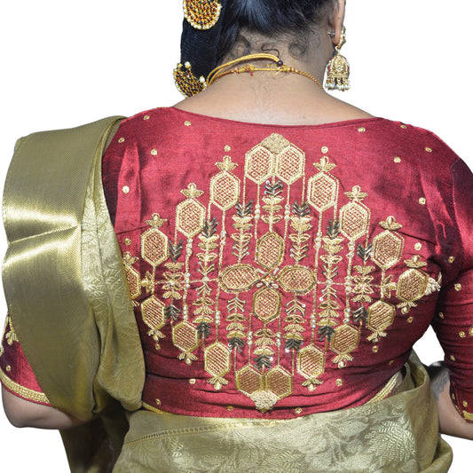 Maroon Blouse with Floral & Geometric Embroidery