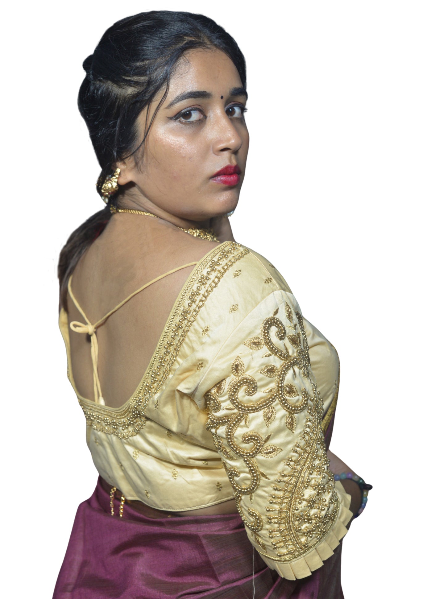 Ivory Blouse with Leaf Sleeves & Dual Embroidery