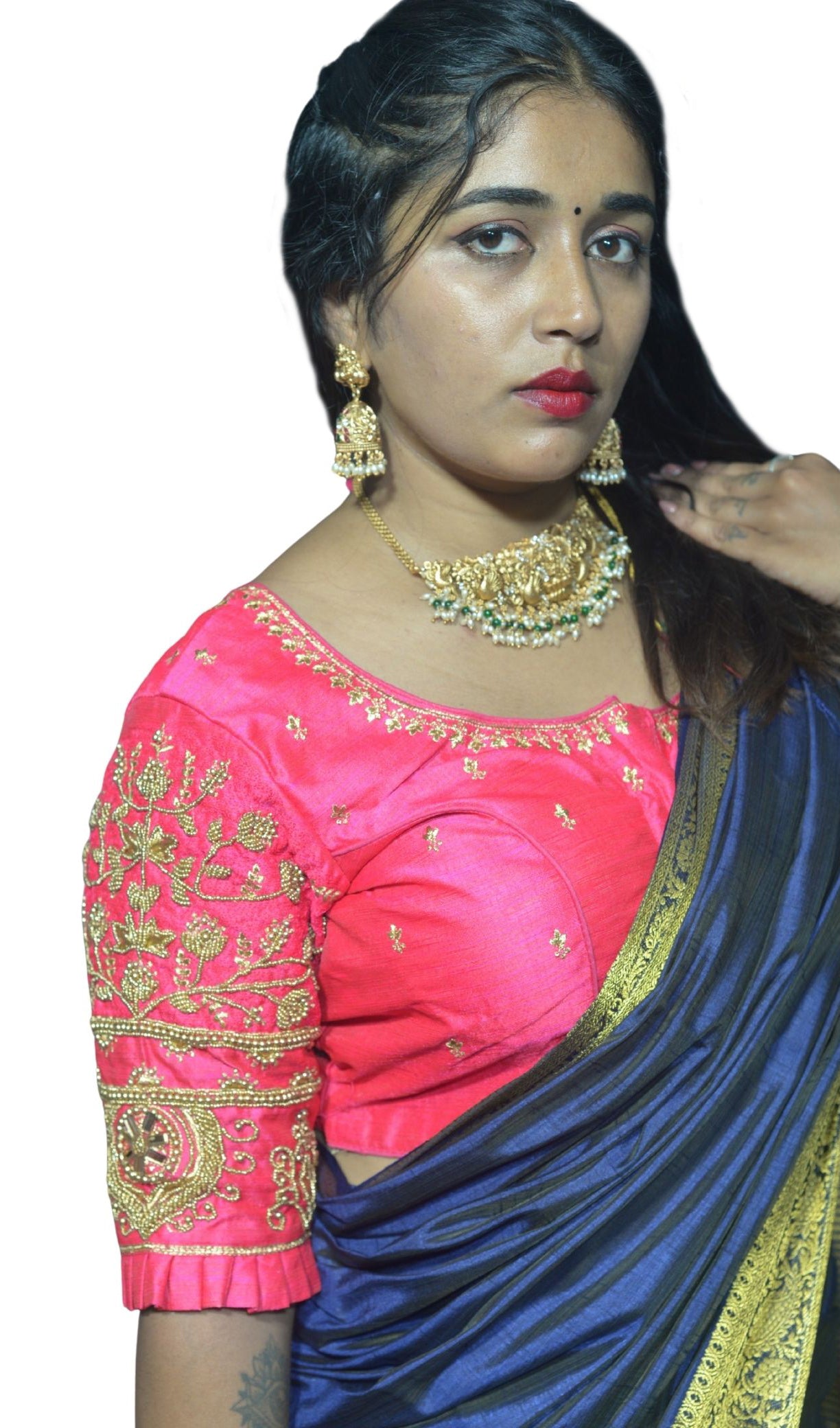 Festive Rani Blouse with Diya Motif and Floral Aari Fusion Work