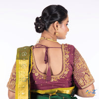 Pink Wine Silk Cloth Blouse with Small Peacock and square chain Design