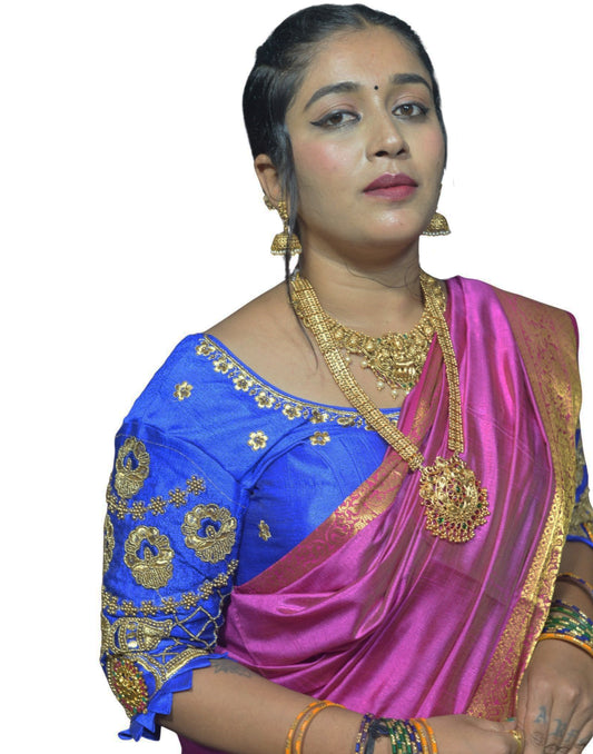 Traditional Royal Blue Blouse with Criss-Cross Sleeves and Lakshmi Aari Work