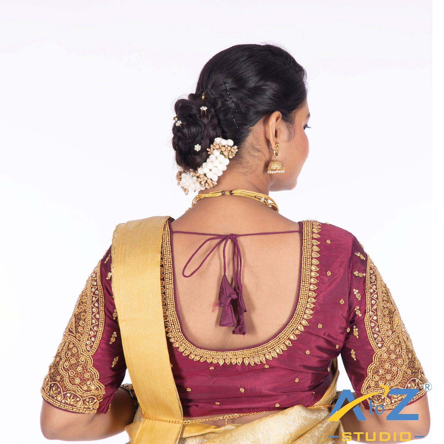 Wine Silk Cloth Blouse with Double Peacock Design