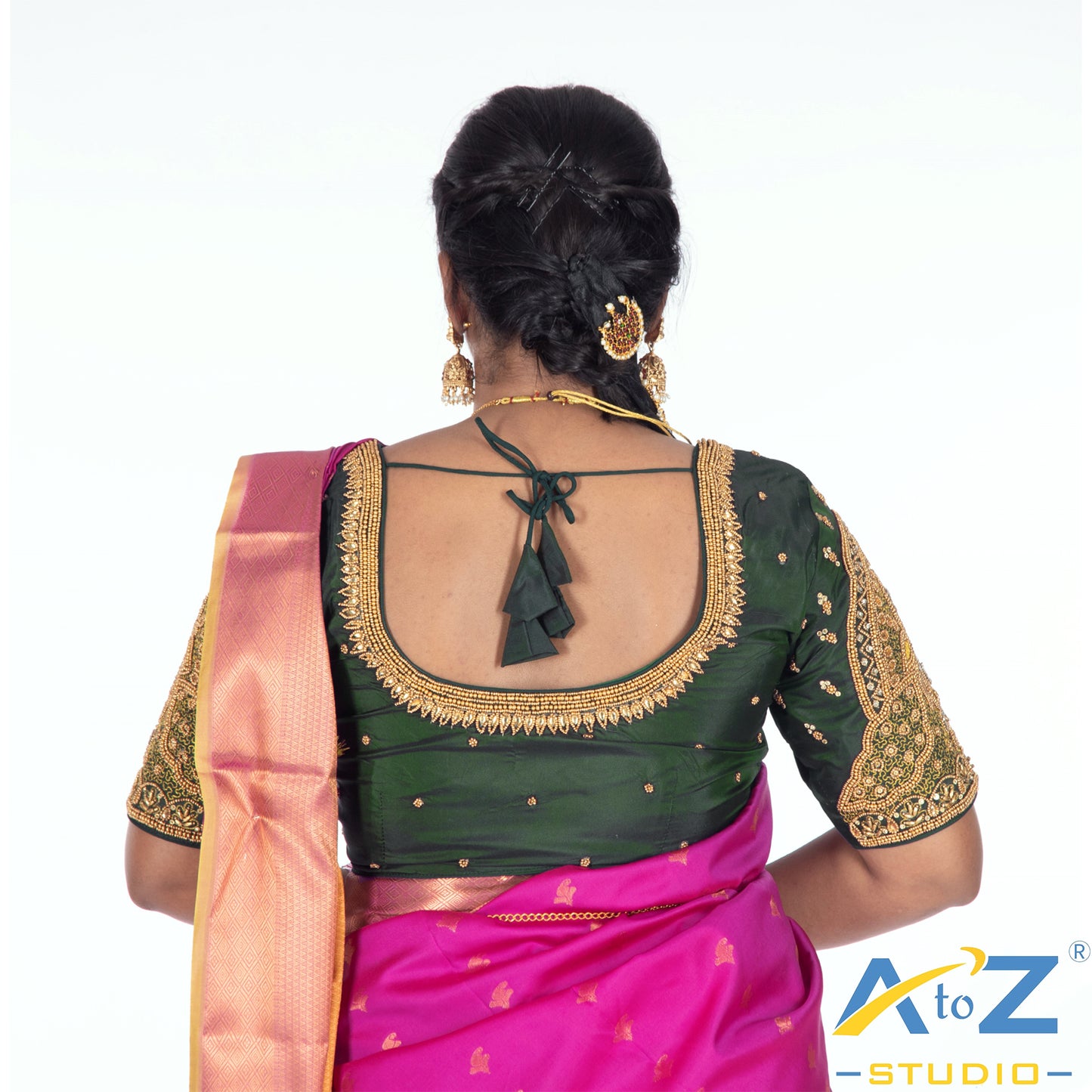 Bottle Green Silk Cloth Blouse with Double Peacock Design