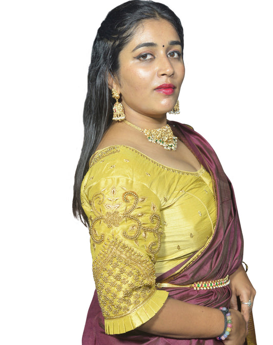 Gold Blouse with Leaf Sleeves & Dual Embroidery