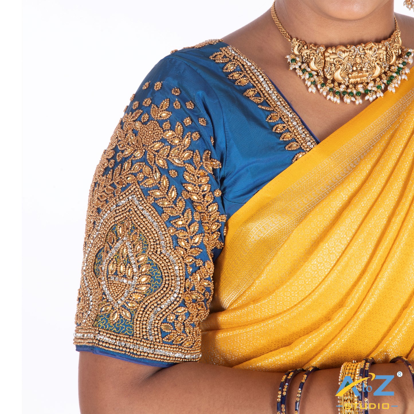 Egyptian Blue Tissue Cloth Blouse with Small leaf and chain work Design