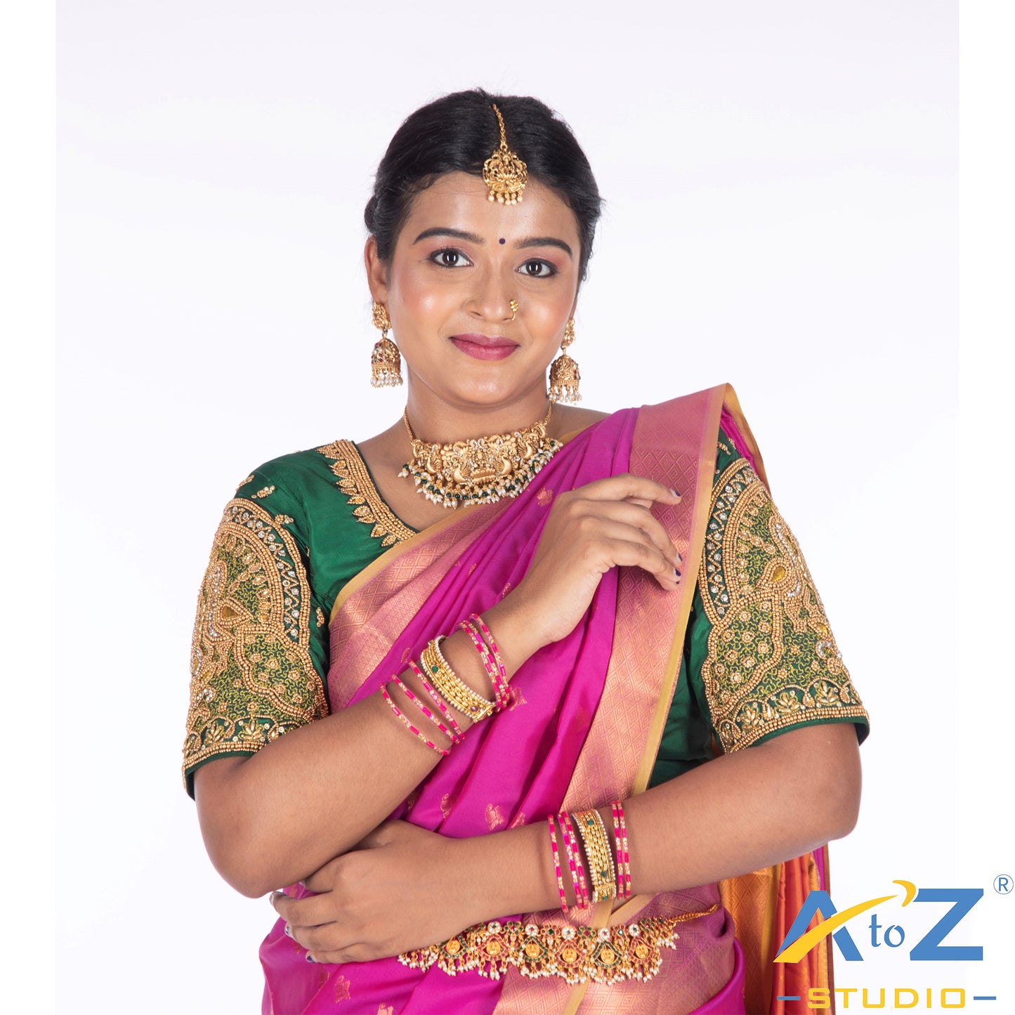 Forest Green Silk Cloth Blouse with Double Peacock Design