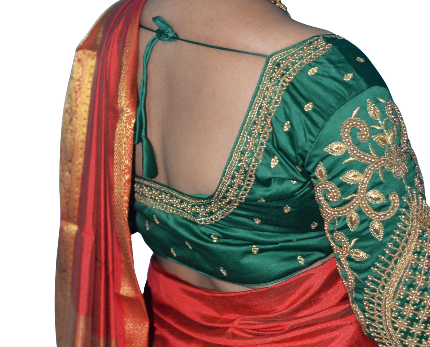 Parrot Green Blouse with Leaf Sleeves & Dual Embroidery