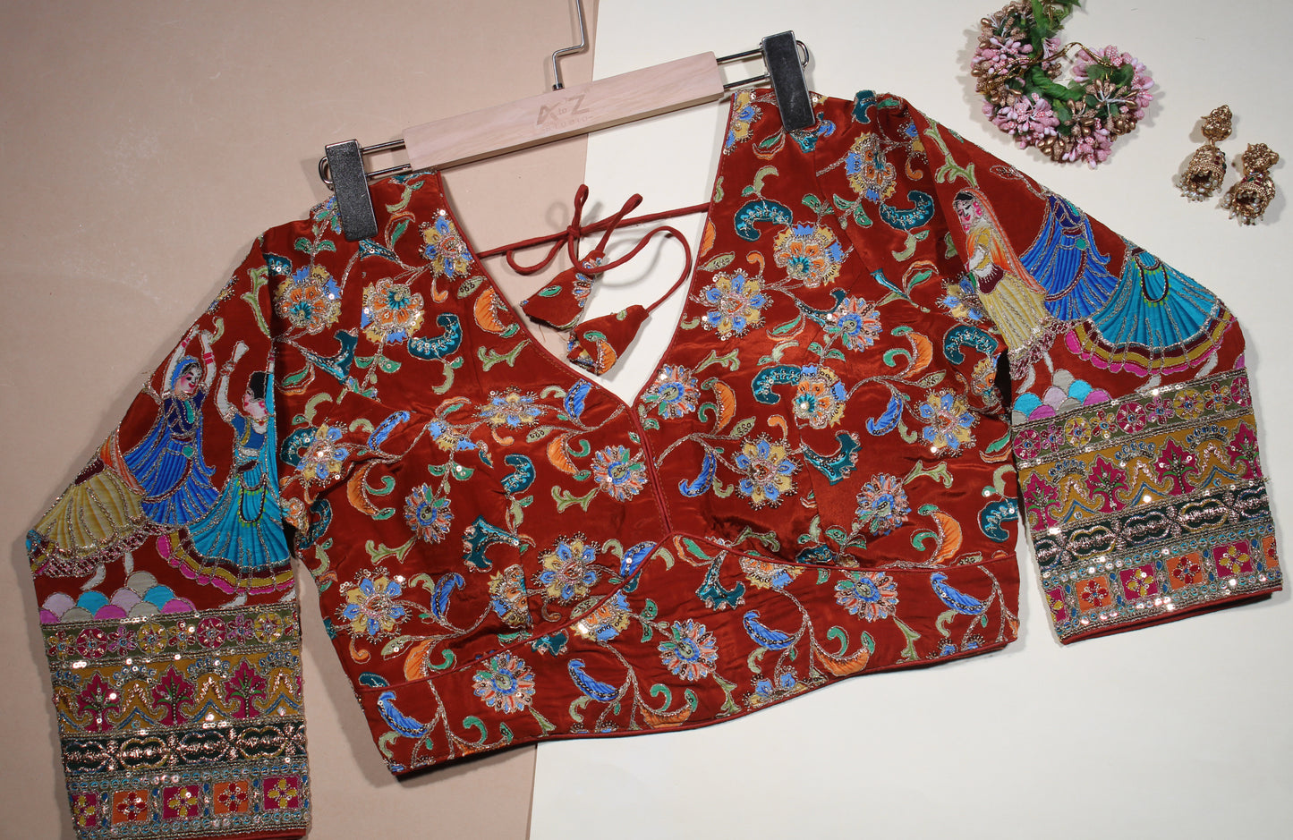 Maroon Blouse with Intricate Folk Dancer Sleeves & Floral Sequin Embroidery
