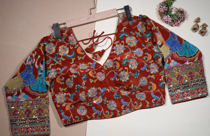 Maroon Blouse with Intricate Folk Dancer Sleeves & Floral Sequin Embroidery
