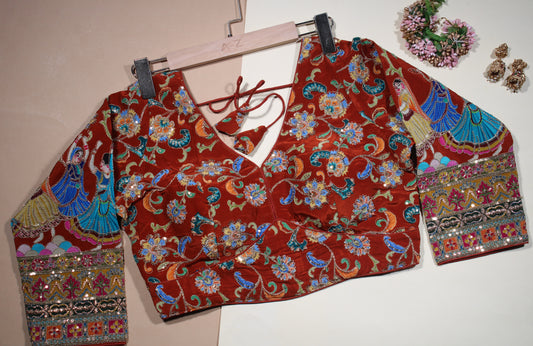 Maroon Blouse with Intricate Folk Dancer Sleeves & Floral Sequin Embroidery