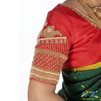 Red Silk Cloth Blouse with Jumka with chain crizz cross Design