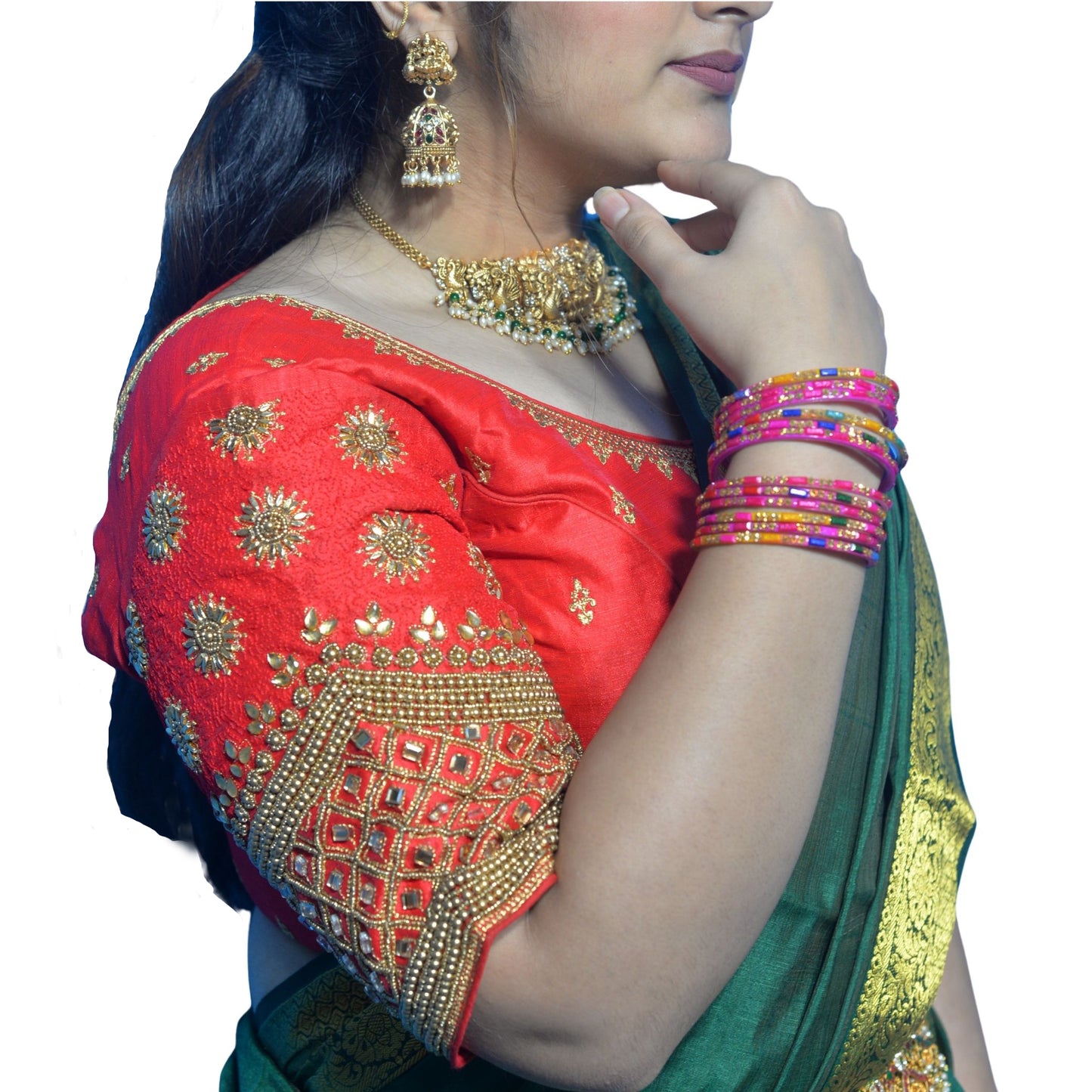 Red Blouse with Floral, Mango Stone & Kite Motifs, Dual Embroidery