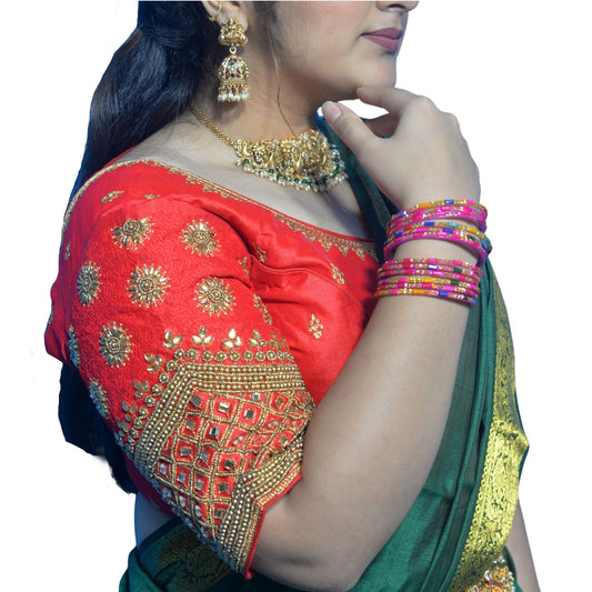 Red Blouse with Floral, Mango Stone & Kite Motifs, Dual Embroidery