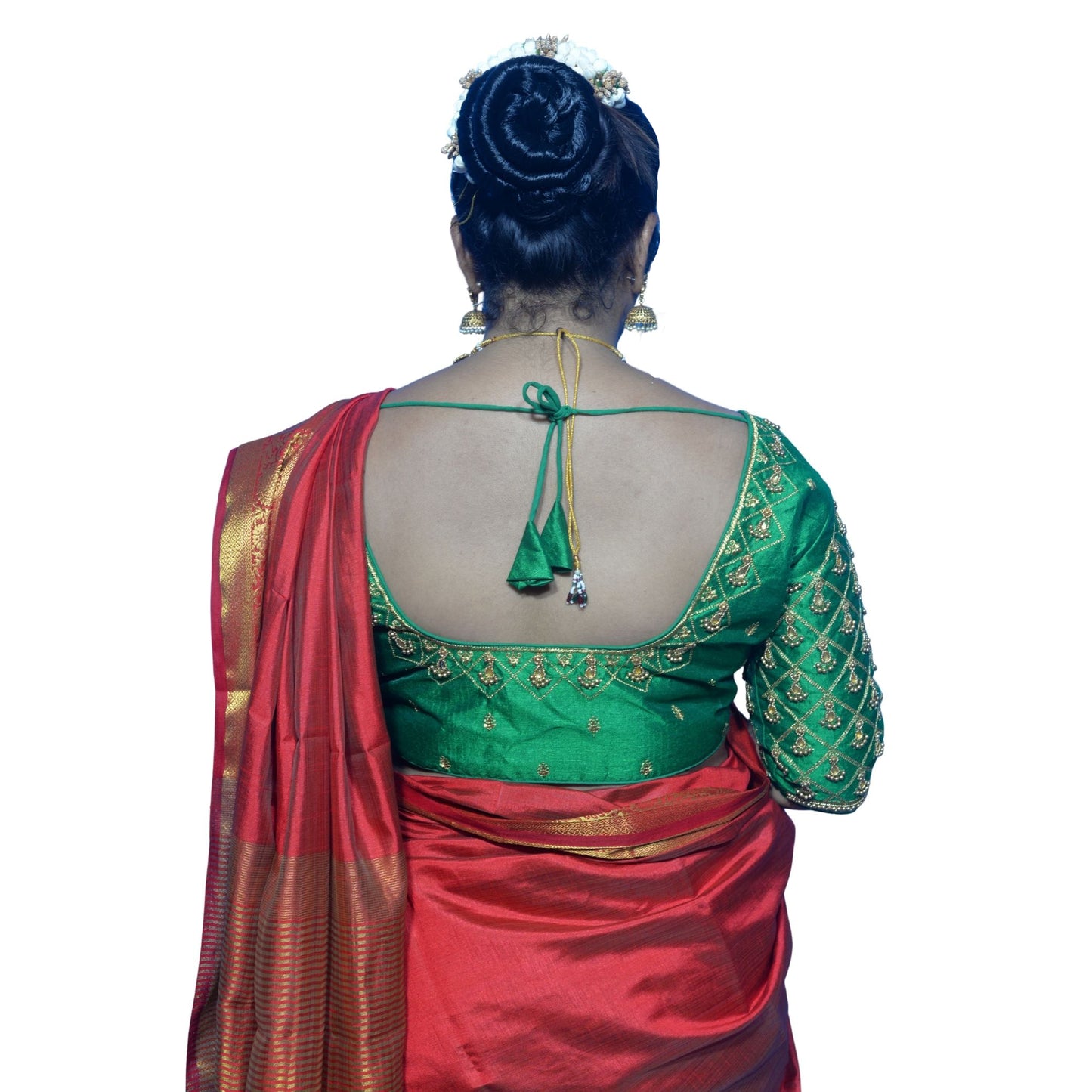 Parrot Green Blouse with Criss-Cross, Footprint & Bush Embroidery