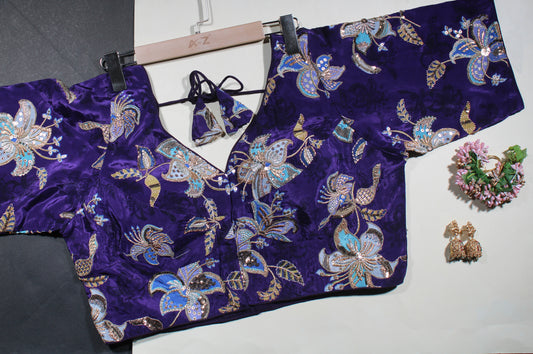 Purple Velvet Floral Sequin Work Blouse