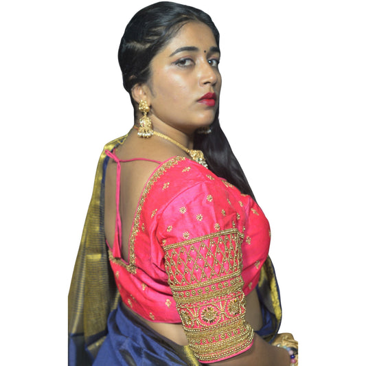 Designer Rani Blouse with Criss-Cross Floral Sleeves, Machine Front & Aari Embroidered Back"