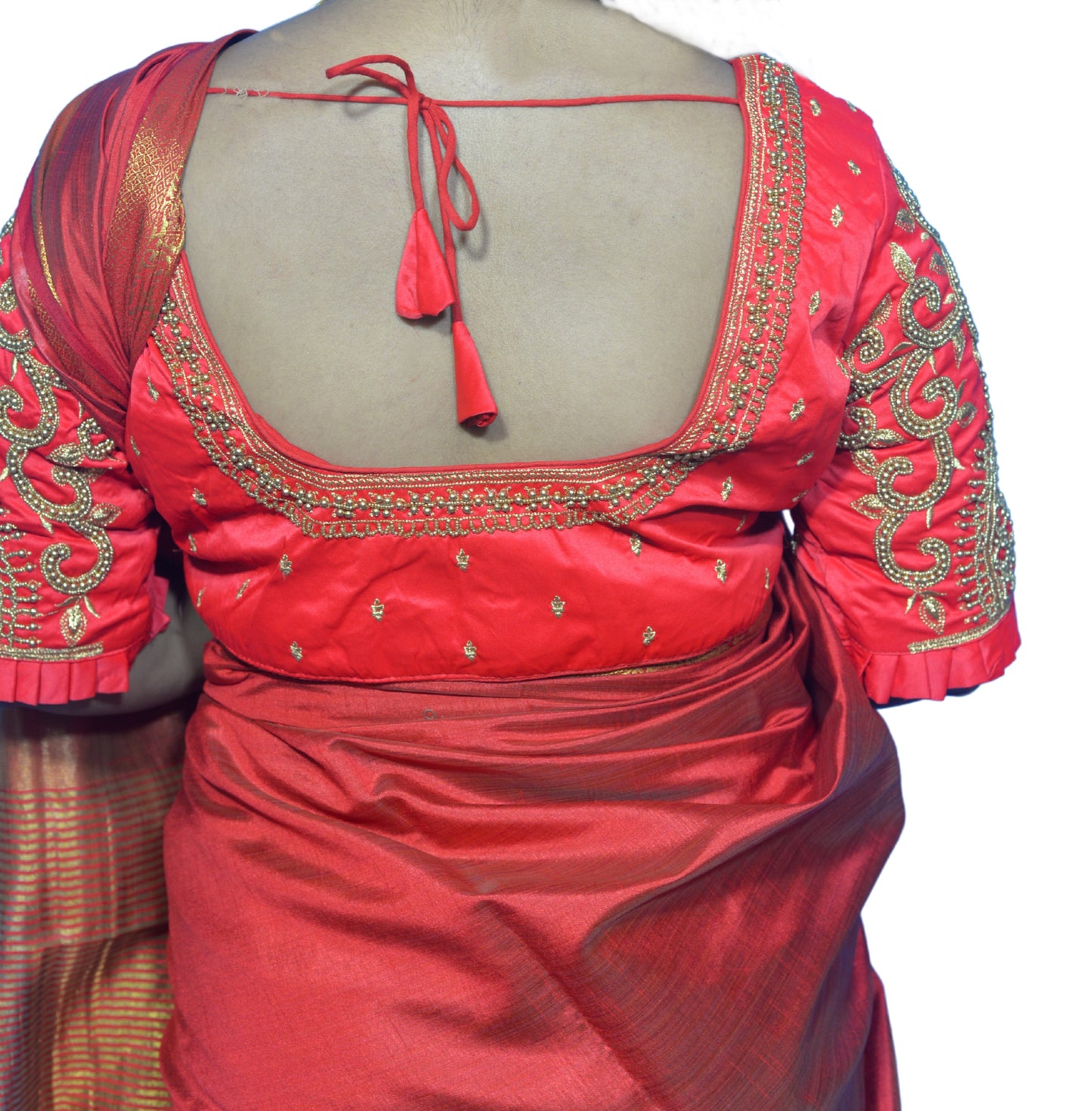 Tomato Red Blouse with Leaf Sleeves & Dual Embroidery
