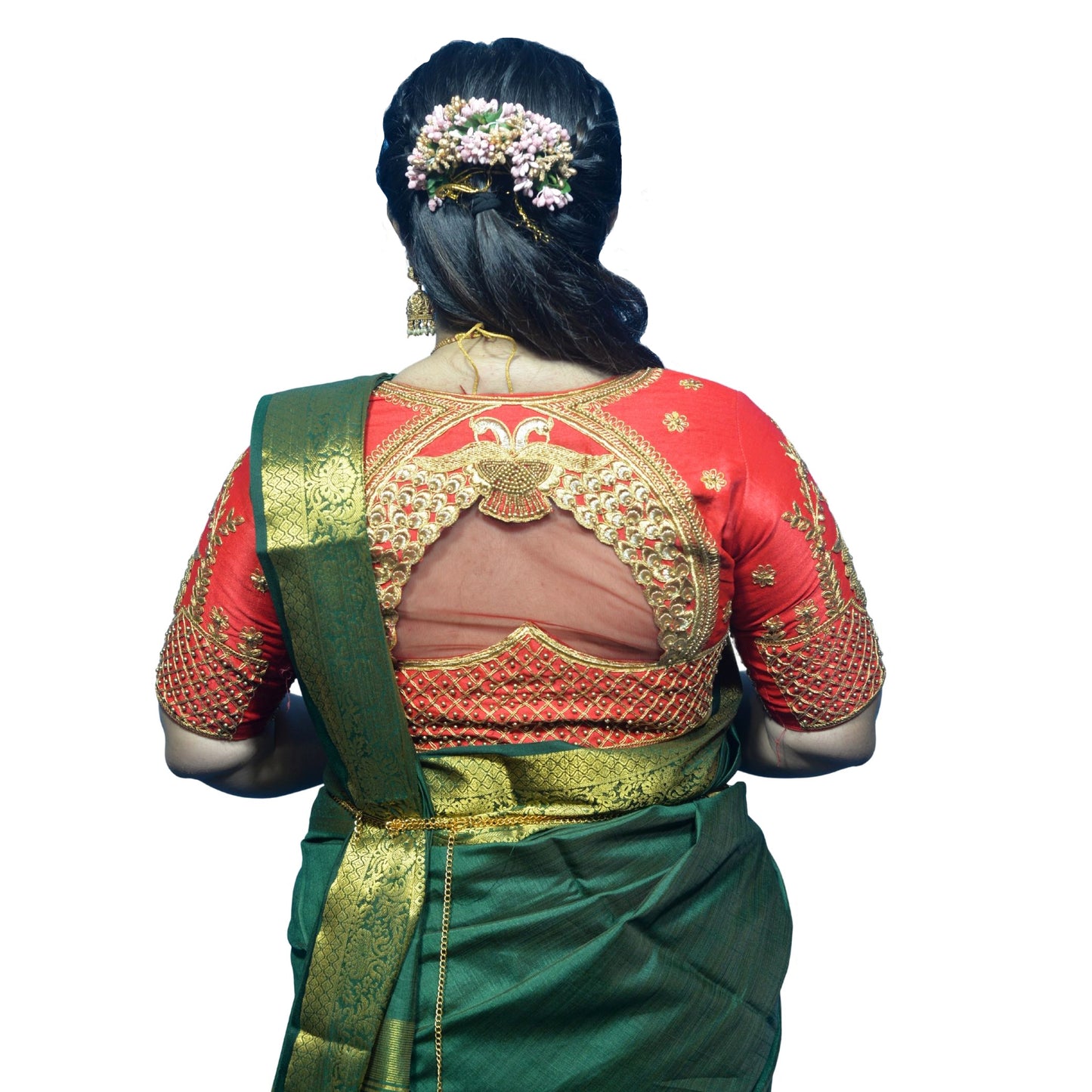 Red Peacock Blouse with Shoulder Motifs & Criss-Cross Back