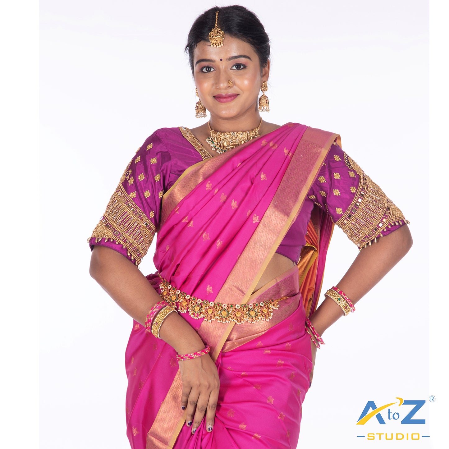 Luxury Purple Silk Cloth Blouse with Small peacock ,chain and mirror Design