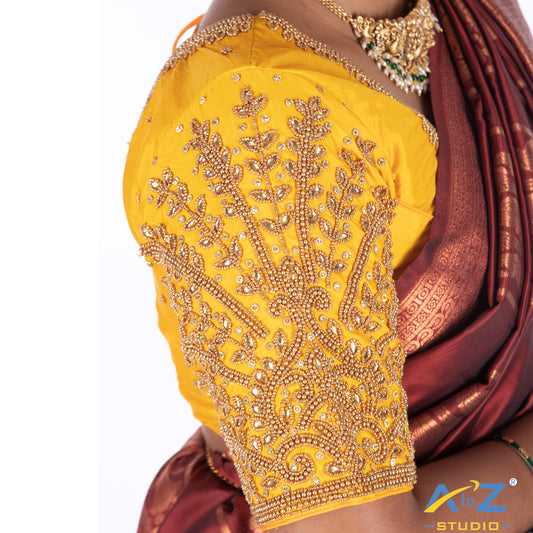 Light yellow Silk Cloth Blouse with Small leaf (like flower pot) and chain work Design