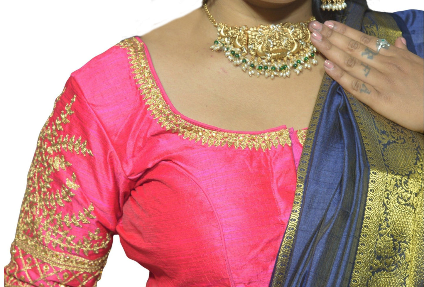 Designer Fuchsia Blouse with Cross Plus Pattern and Puff Sleeves