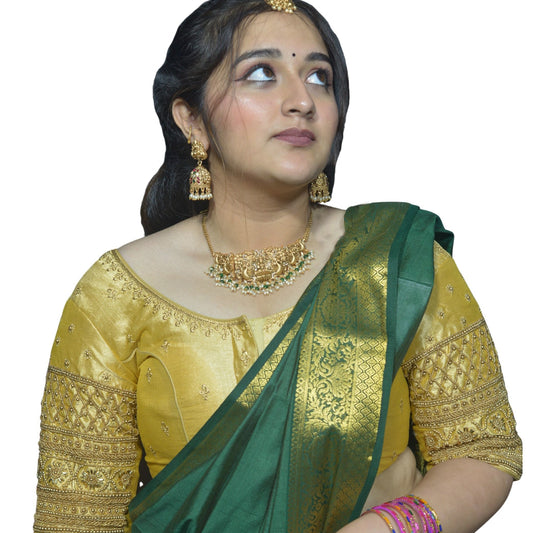 Designer Gold Blouse with Criss-Cross Floral Sleeves and Aari Embroidered Back