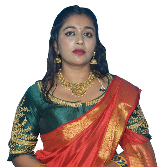 Designer Dark Green Blouse with Cross Plus Pattern and Puff Sleeves