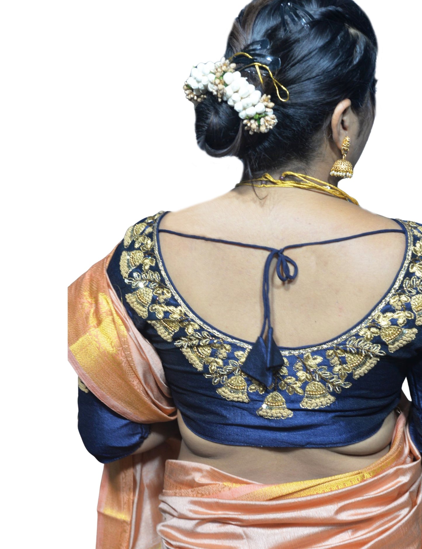 Elegant Navy Blue Blouse Featuring Floral Embroidery with Multiple Branches and Leafy Detailing, Crafted in a Fusion of Aari and Machine Work