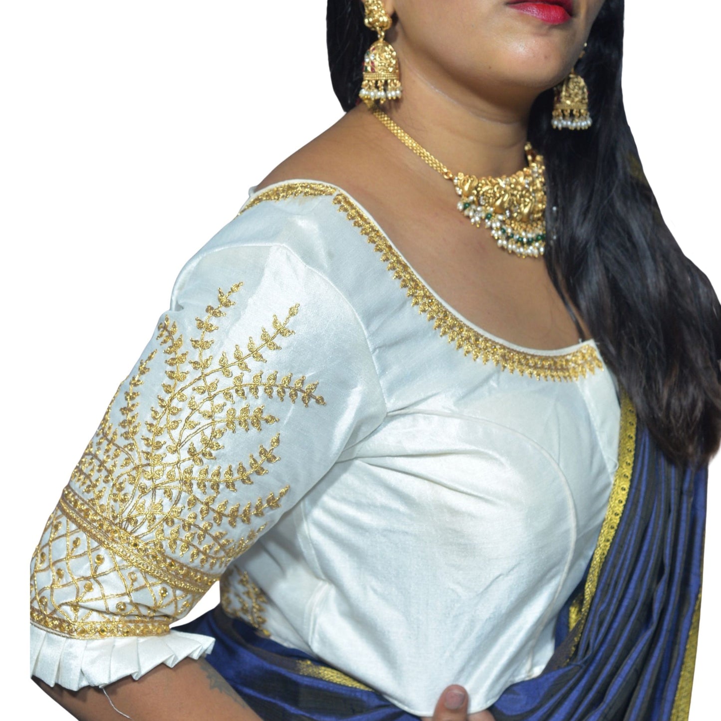 Designer White Blouse with Cross Plus Pattern and Puff Sleeves