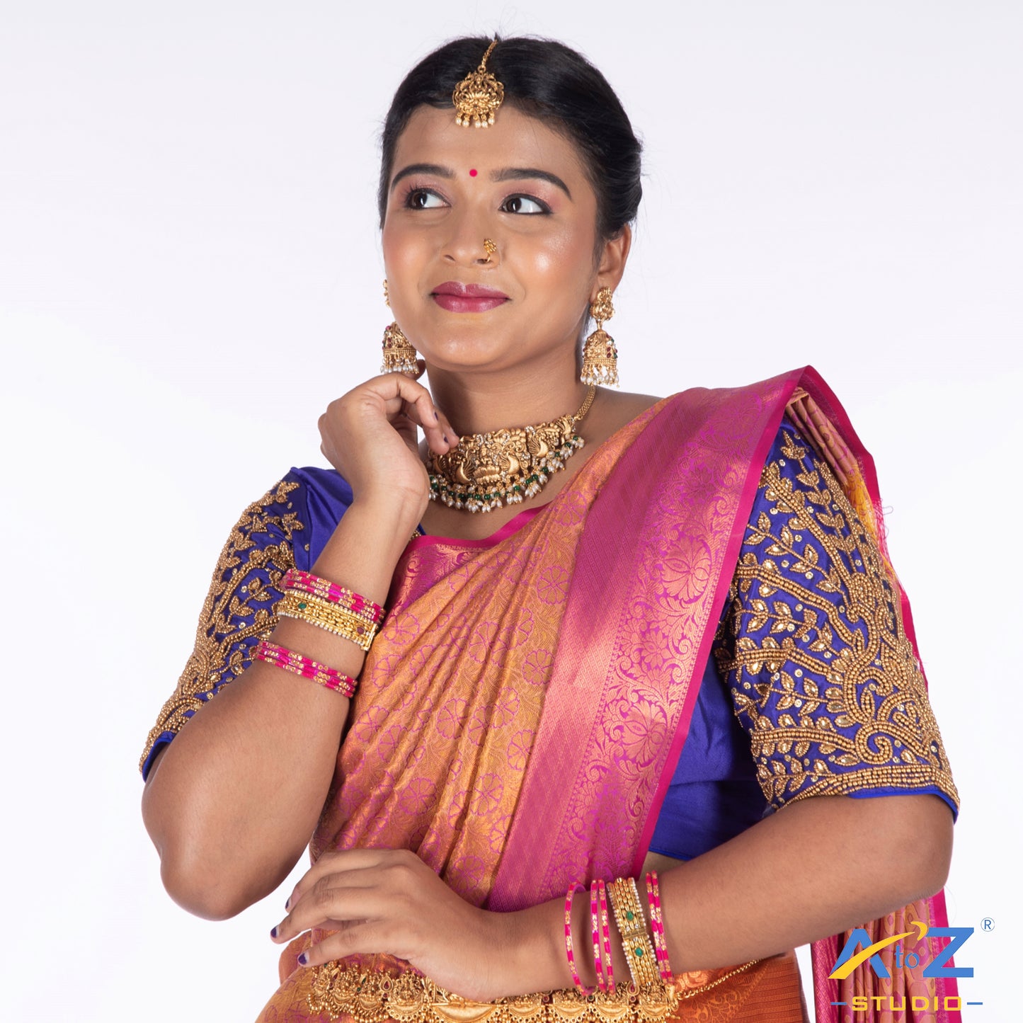 Royal Blue Silk Cloth Blouse with Small leaf (like flower pot) and chain work Design